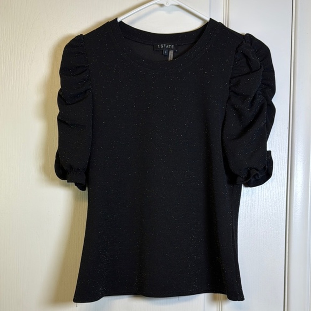 1. State Black Glitter Sparkling Puff Sleeve Blouse Size Small EUC #2578